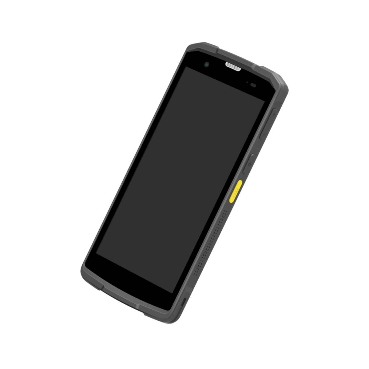 Uno smartphone grigio e robusto con schermo nero e un pulsante laterale giallo su sfondo bianco.