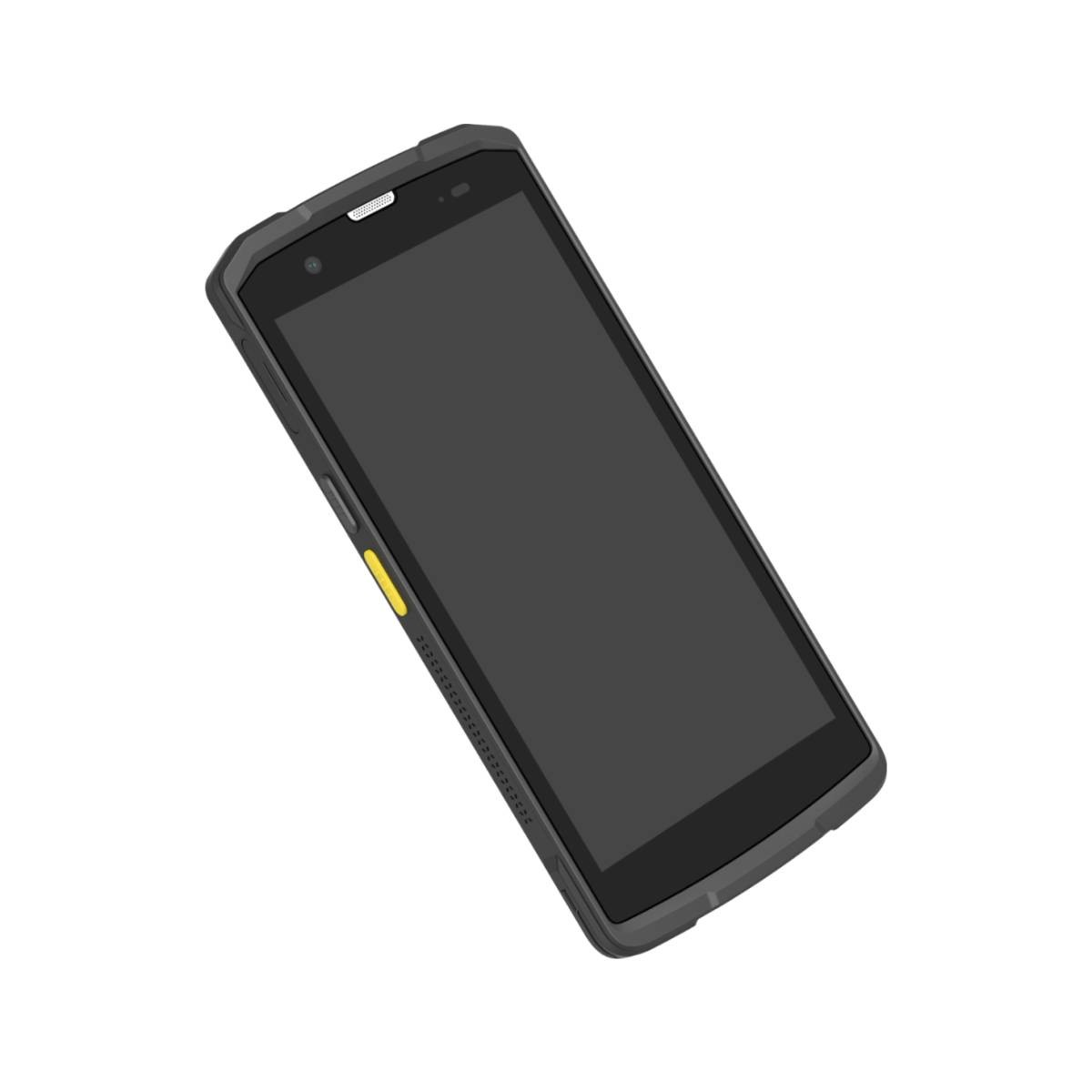 Uno smartphone nero robusto con angoli arrotondati e un pulsante laterale giallo, isolato su sfondo bianco.