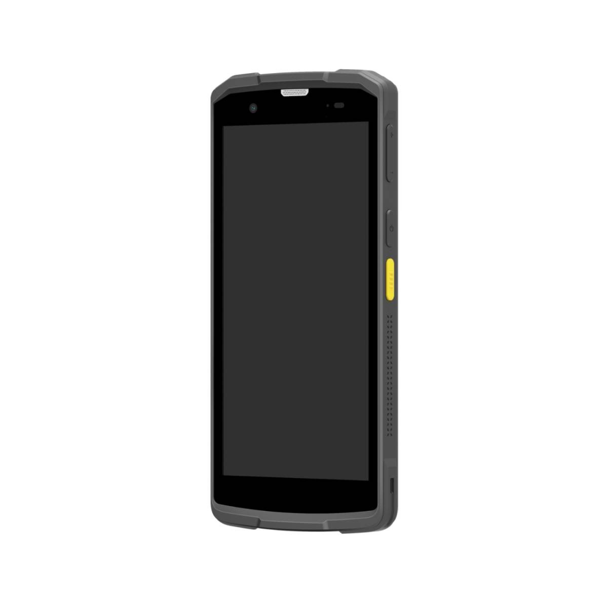 Uno smartphone grigio robusto con schermo nero e un pulsante laterale giallo su sfondo bianco.