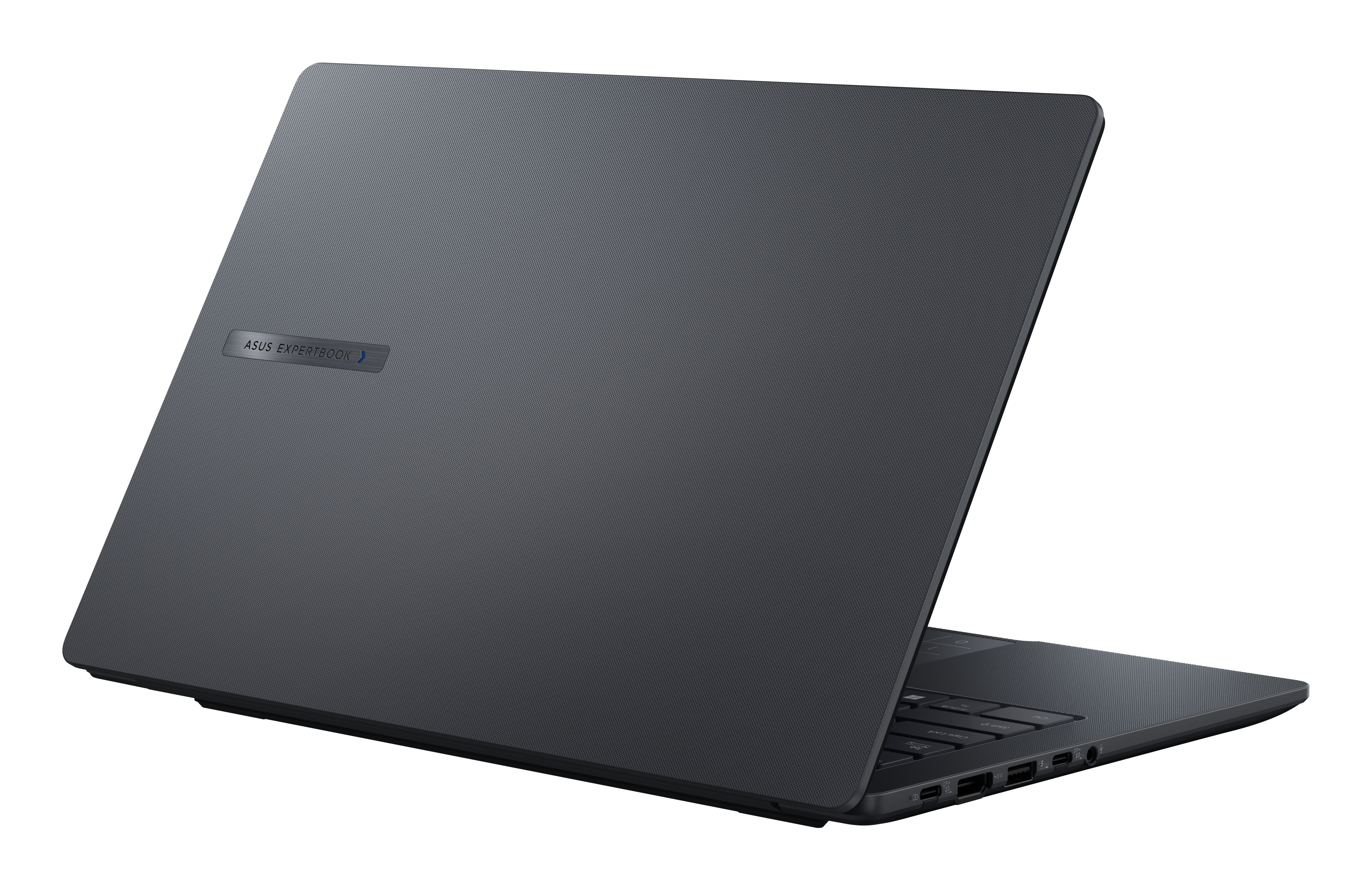 Beyaz arka planda arkadan hafifçe çekilmiş siyah bir Asus ExpertBook dizüstü bilgisayar.
