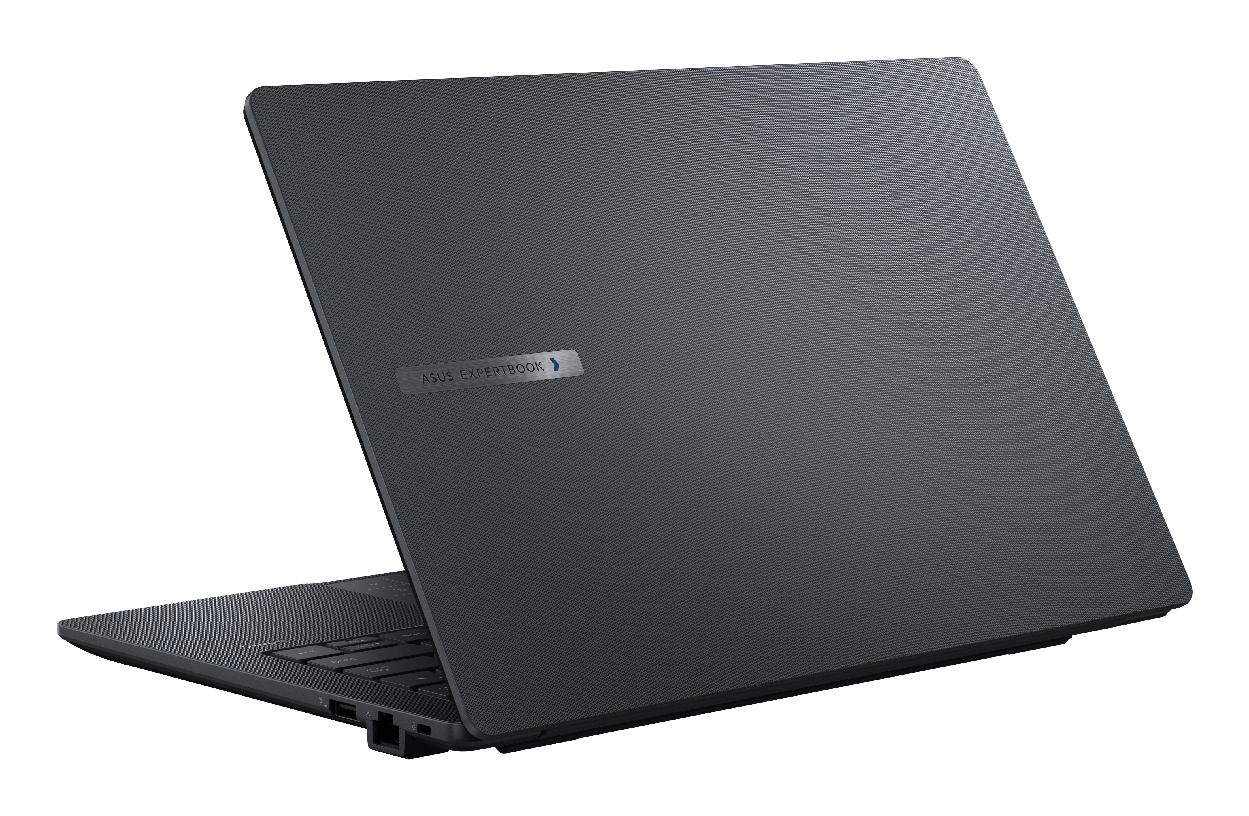 Siyah bir Asus ExpertBook dizüstü bilgisayar, dokulu kapağı ve marka logosuyla arka açıdan görünmektedir.