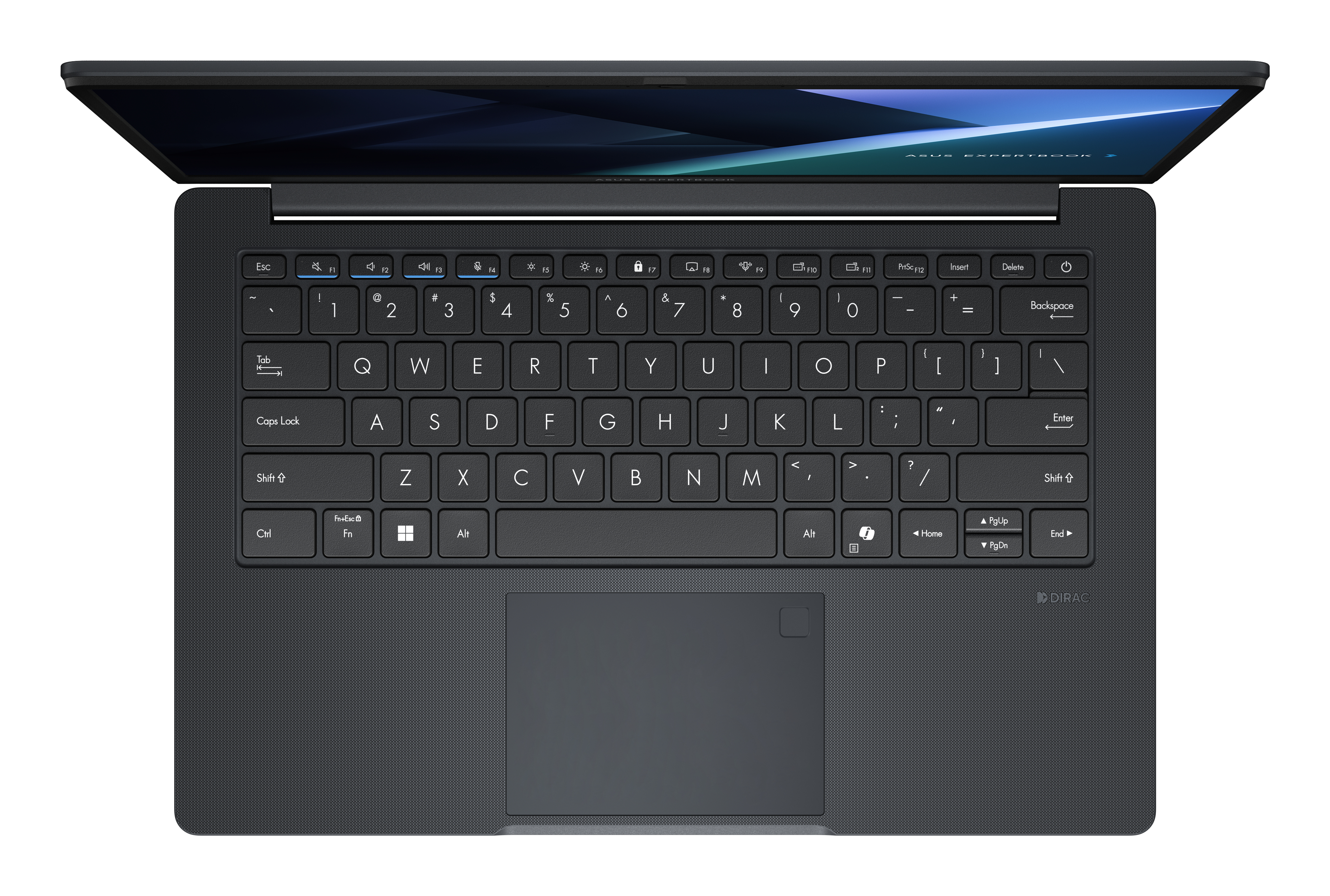 Aydınlatılmış ekran, QWERTY klavye ve izleme dörtgenine sahip açık siyah dizüstü bilgisayarın kuşbakışı görünümü.