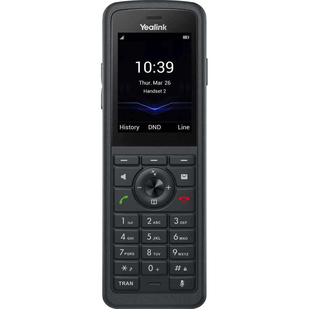 Telefono cordless Yealink nero con display a colori, tastiera fisica e rotellina di navigazione.