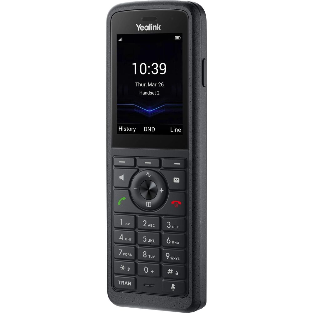 Un telefono cordless nero Yealink con schermo a colori e tastierino numerico fisico su sfondo bianco.