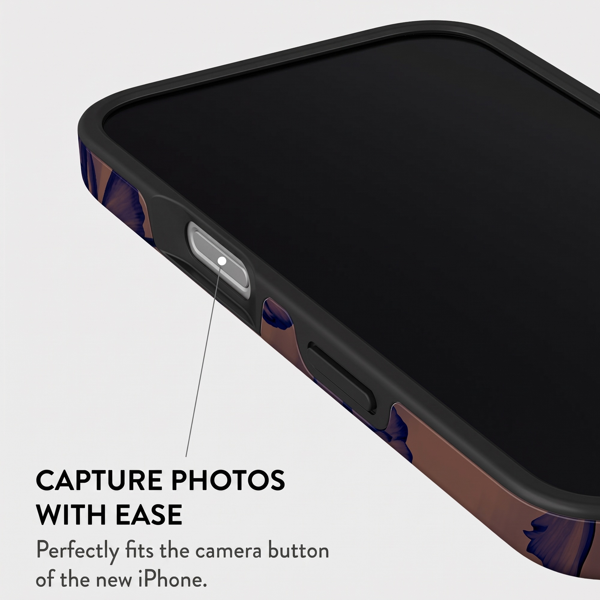 Primer plano de una funda de smartphone con el nuevo botón de cámara y texto sobre capturar fotos fácilmente.