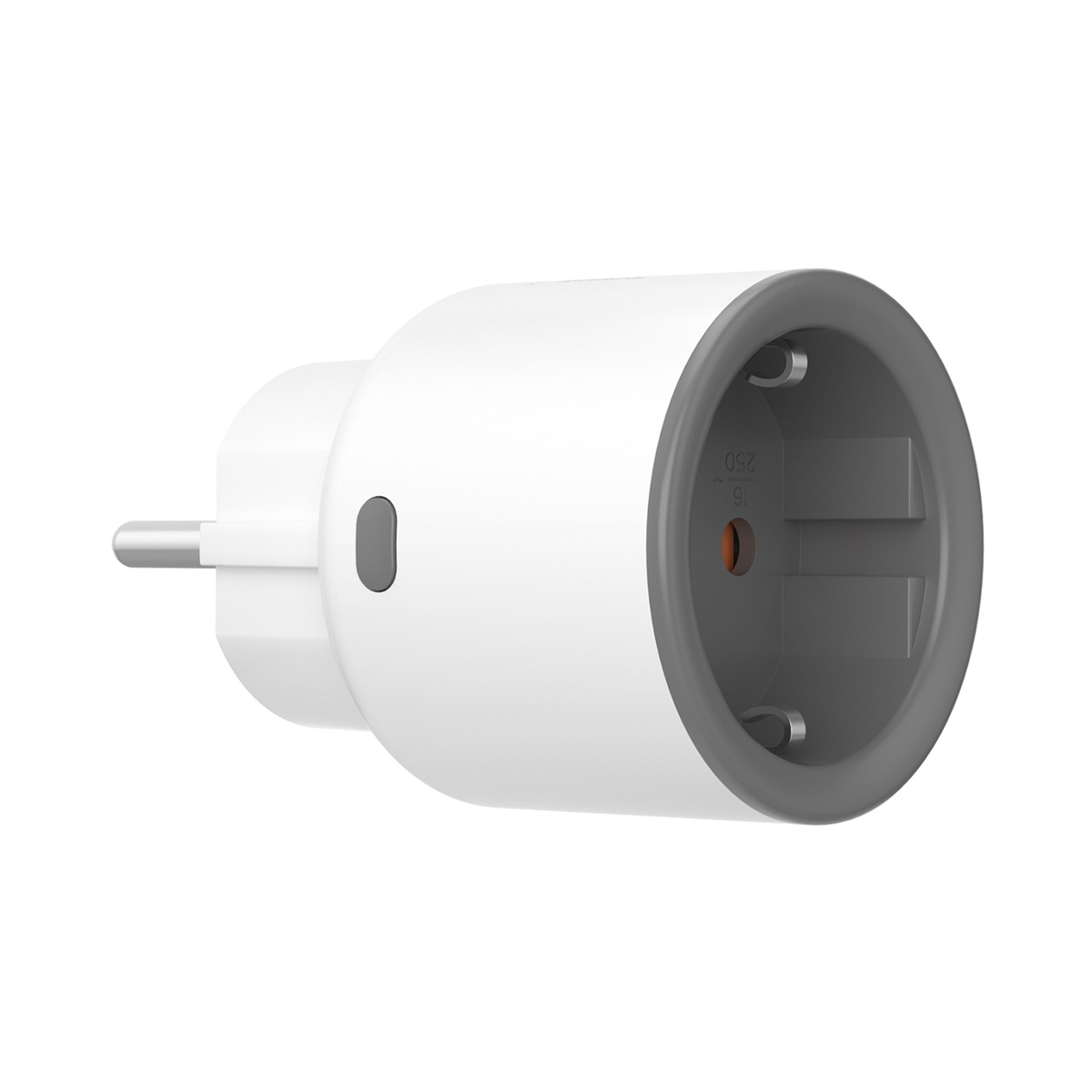 Adaptador de enchufe redondo blanco y gris con un botón lateral sobre fondo blanco.