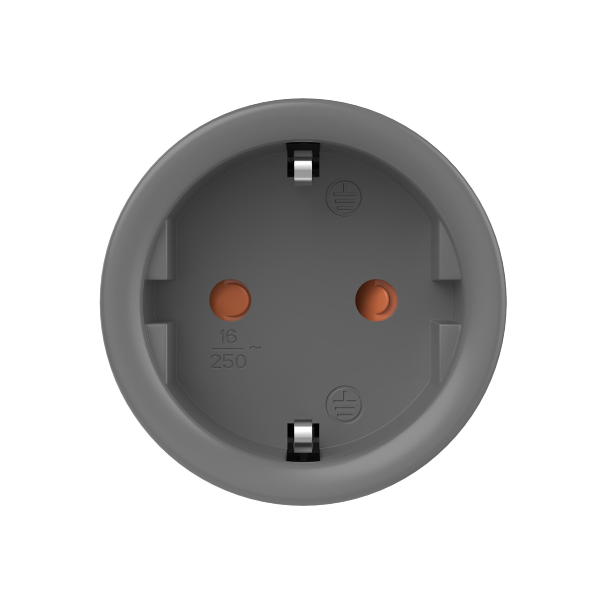 Un enchufe eléctrico redondo de color gris con dos polos redondos y clips de conexión a tierra arriba y abajo.
