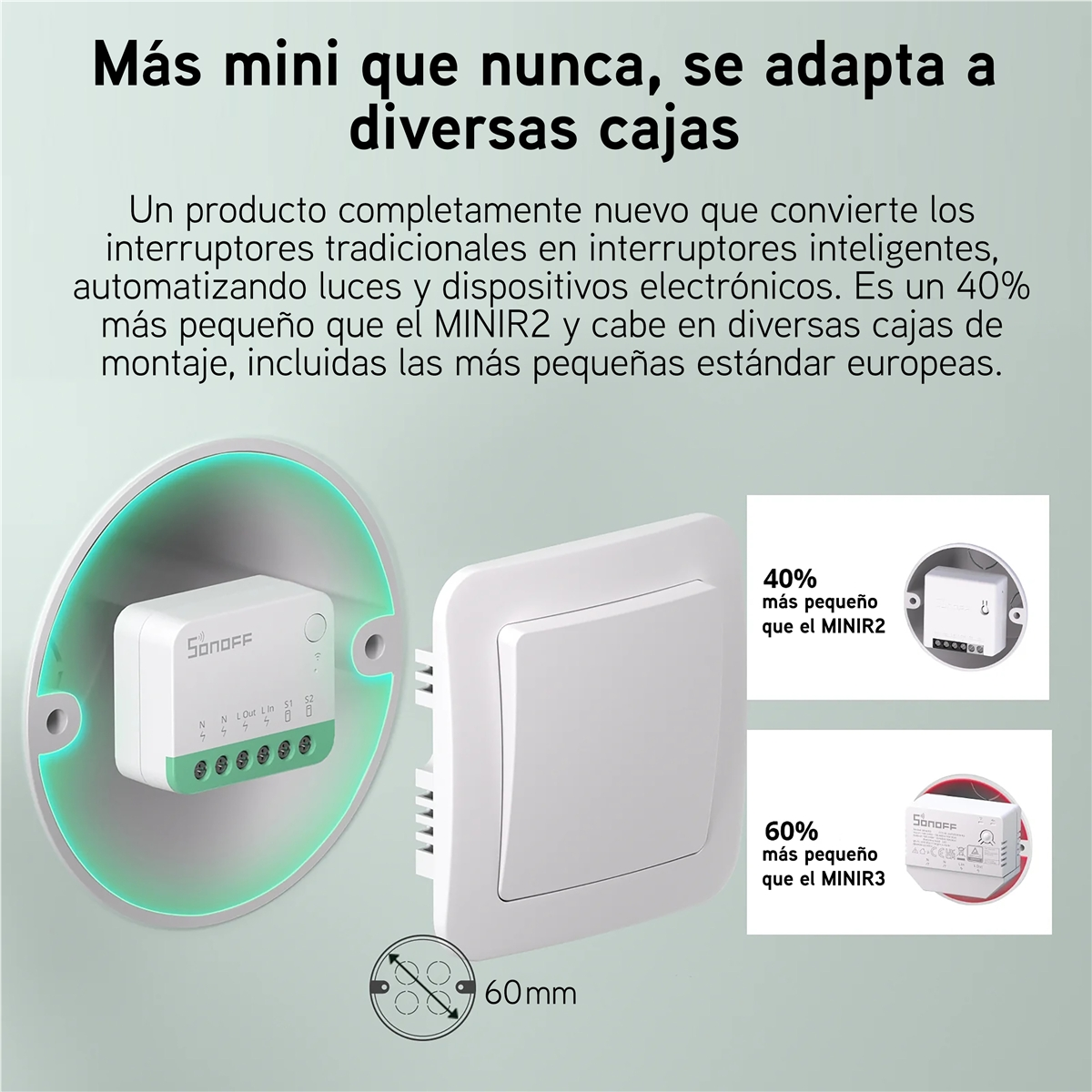 Interruptor inteligente Sonoff mini, 40 por ciento más pequeño, con ejemplos y dimensiones.