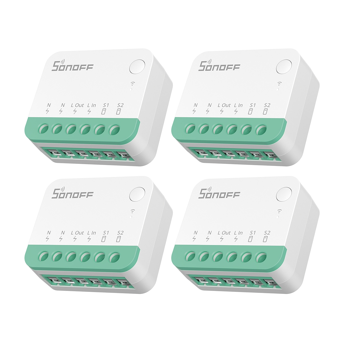 Cuatro módulos de interruptores inteligentes Sonoff blancos y verdes en una cuadrícula de dos por dos.