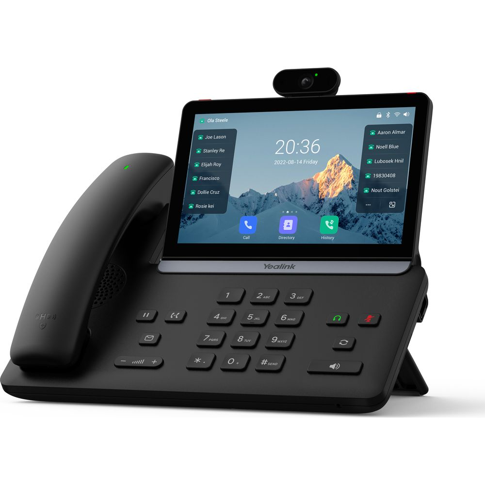 Un telefono IP Yealink nero con ampio touchscreen che mostra contatti, sfondo di montagna e una telecamera.