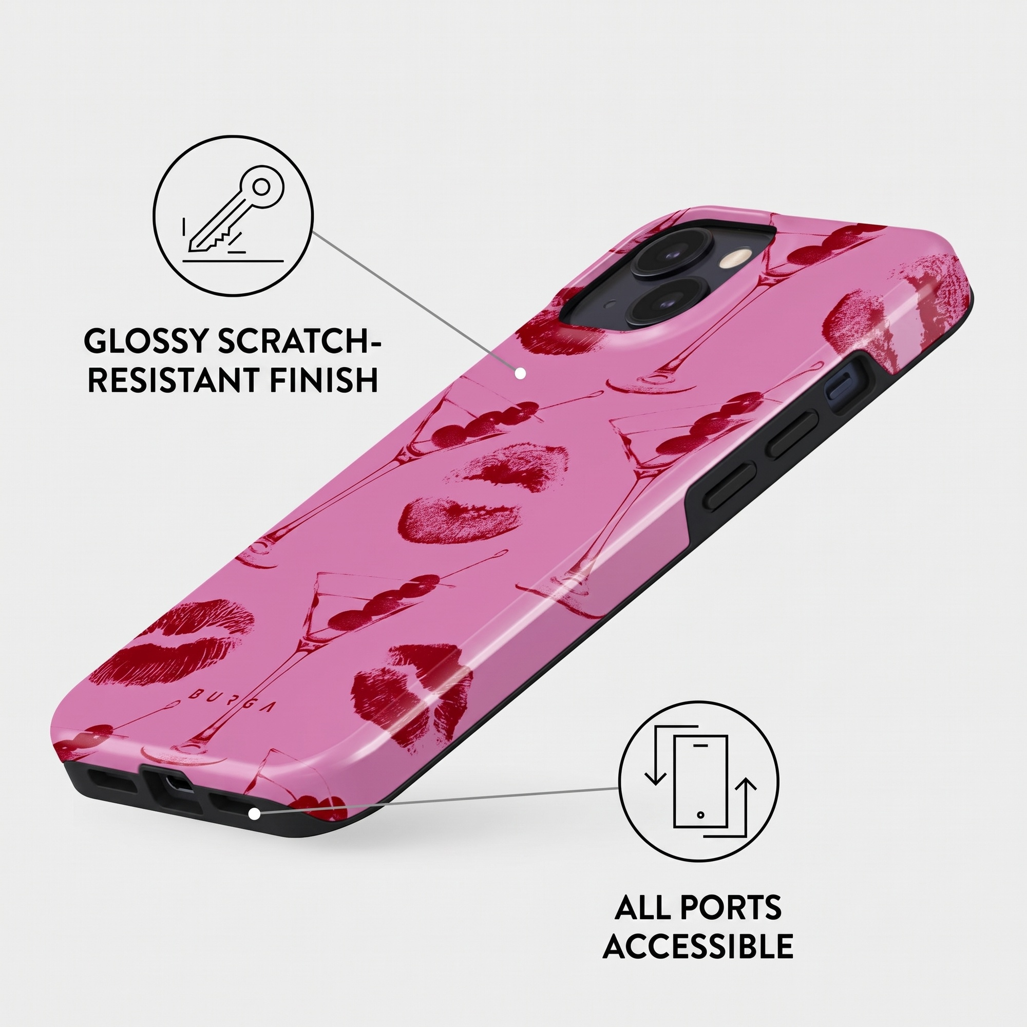 Pink phone case with red lips and martini prints, highlighting scratch-resistant finish and accessible ports.