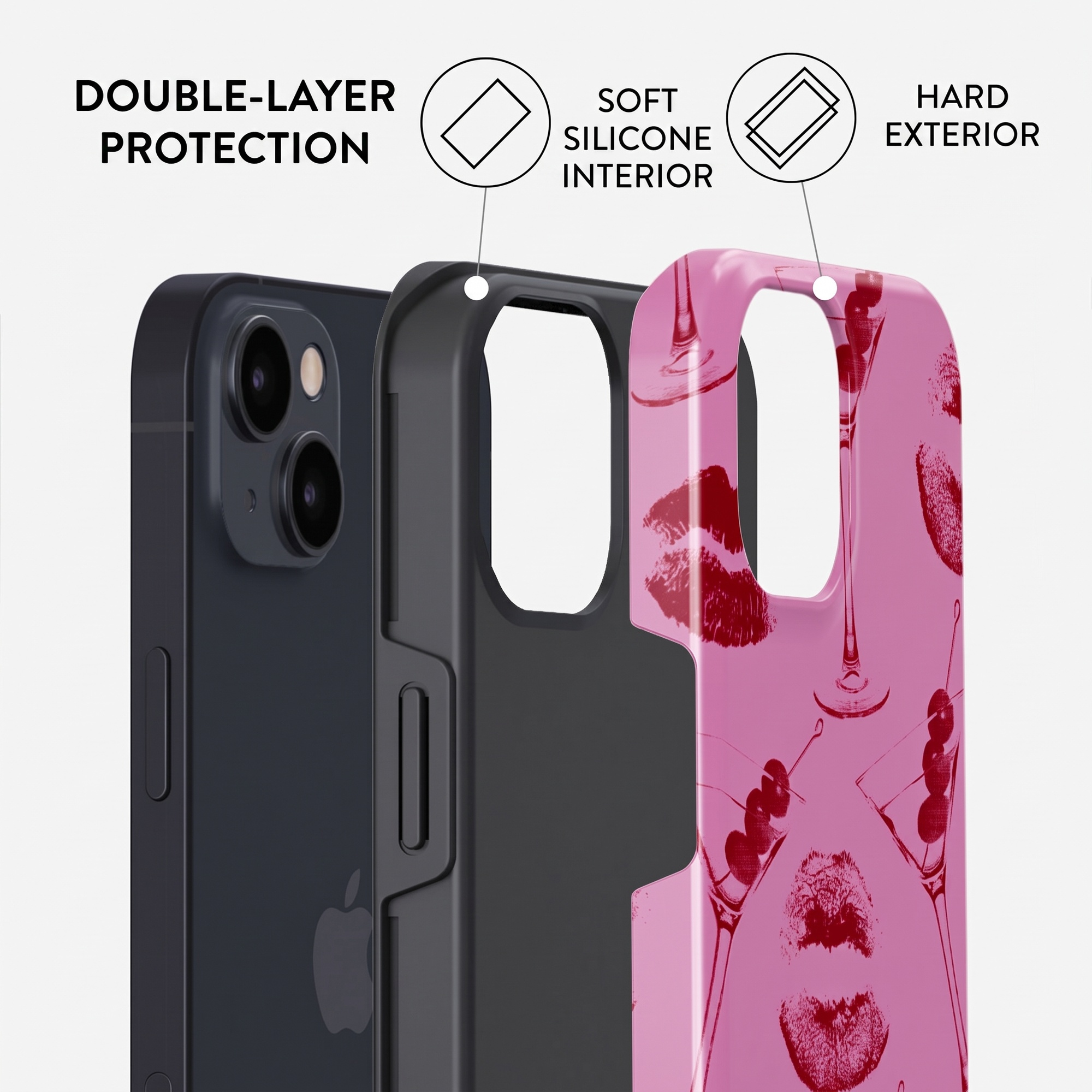 Diagram showing double-layer protection of a phone case with soft silicone interior and hard exterior.
