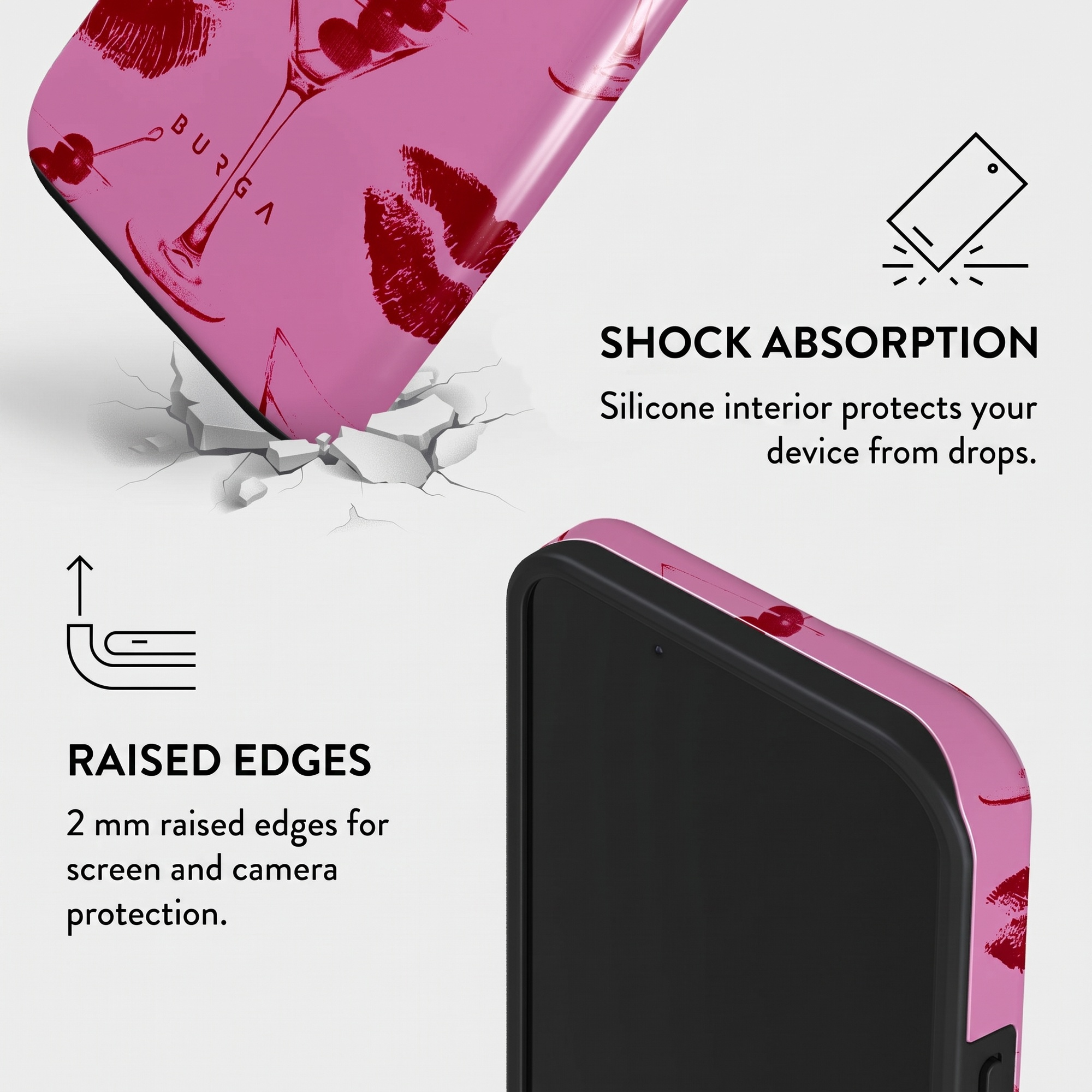 Pink phone case with cocktail and kiss prints, highlighting shock absorption and raised edges.