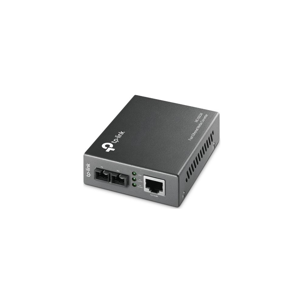 Un convertitore multimediale TP-Link nero con spie LED, porta Ethernet e slot in fibra ottica.