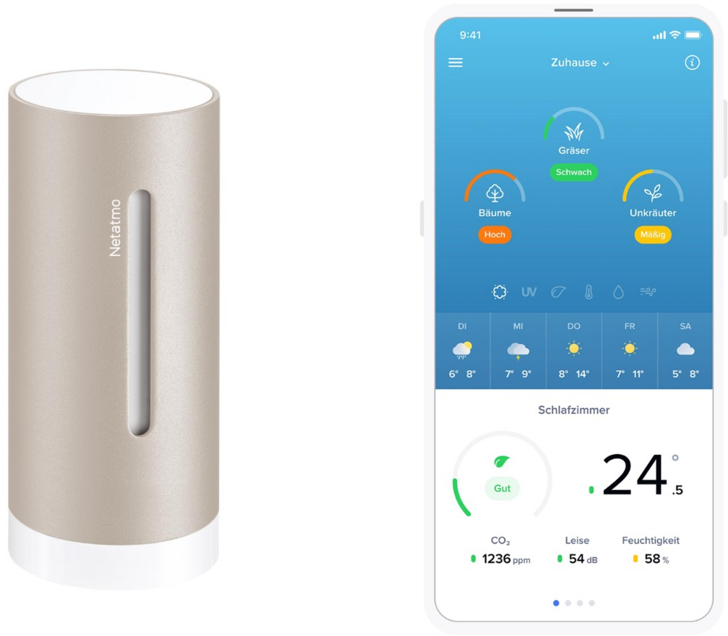 Un dispositivo Netatmo beige junto a un smartphone que muestra datos del clima y clima interior.