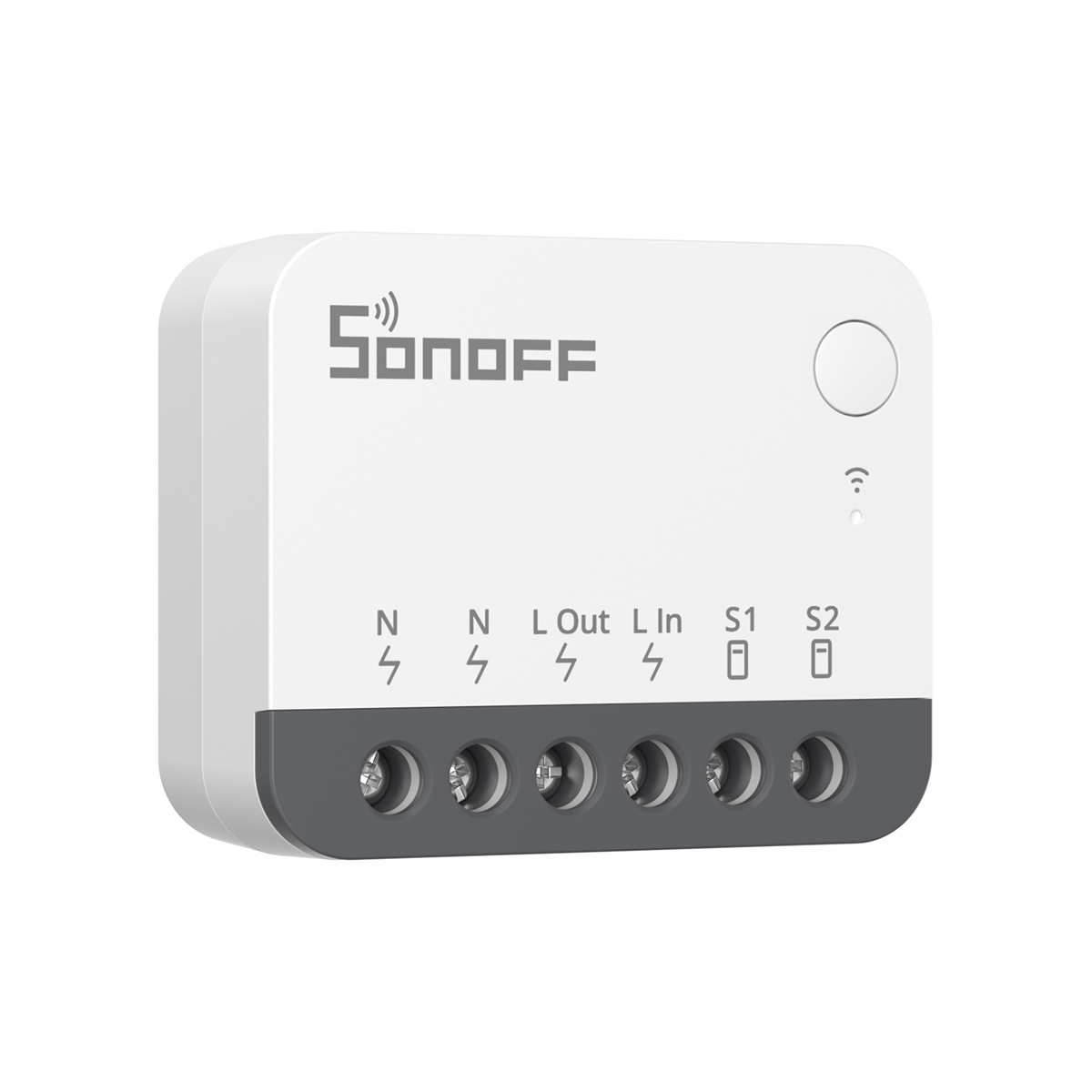 Un relé inteligente Sonoff blanco con seis terminales de tornillo en la parte inferior y un botón redondo arriba a la derecha.