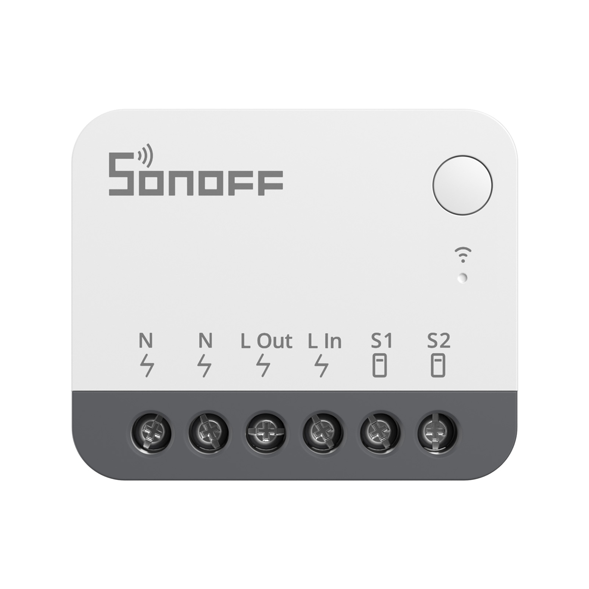 Un módulo de interruptor inteligente Sonoff blanco con seis terminales de tornillo en la parte inferior.
