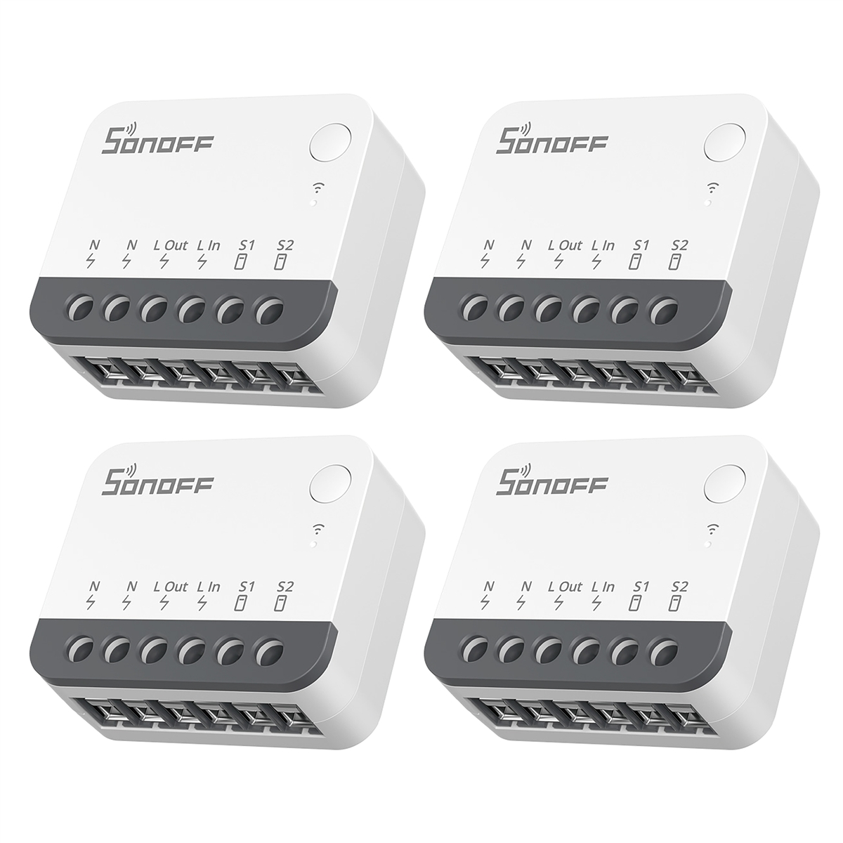 Cuatro módulos de interruptor inteligente Sonoff blancos con bloques de terminales grises.
