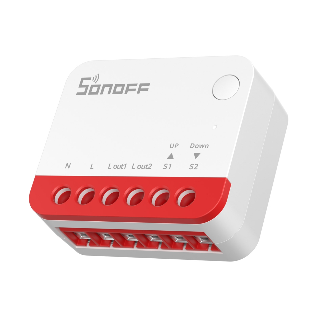 Un dispositivo de relé inteligente Sonoff blanco y rojo con seis terminales de tornillo.