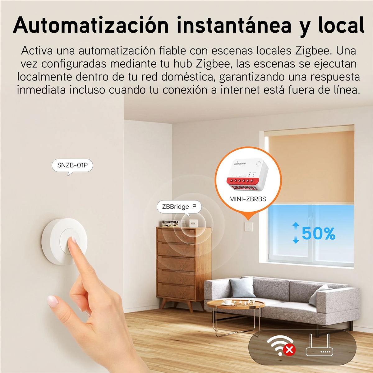 Una mano presiona un botón inteligente, controlando persianas y dispositivos de hogar inteligente.