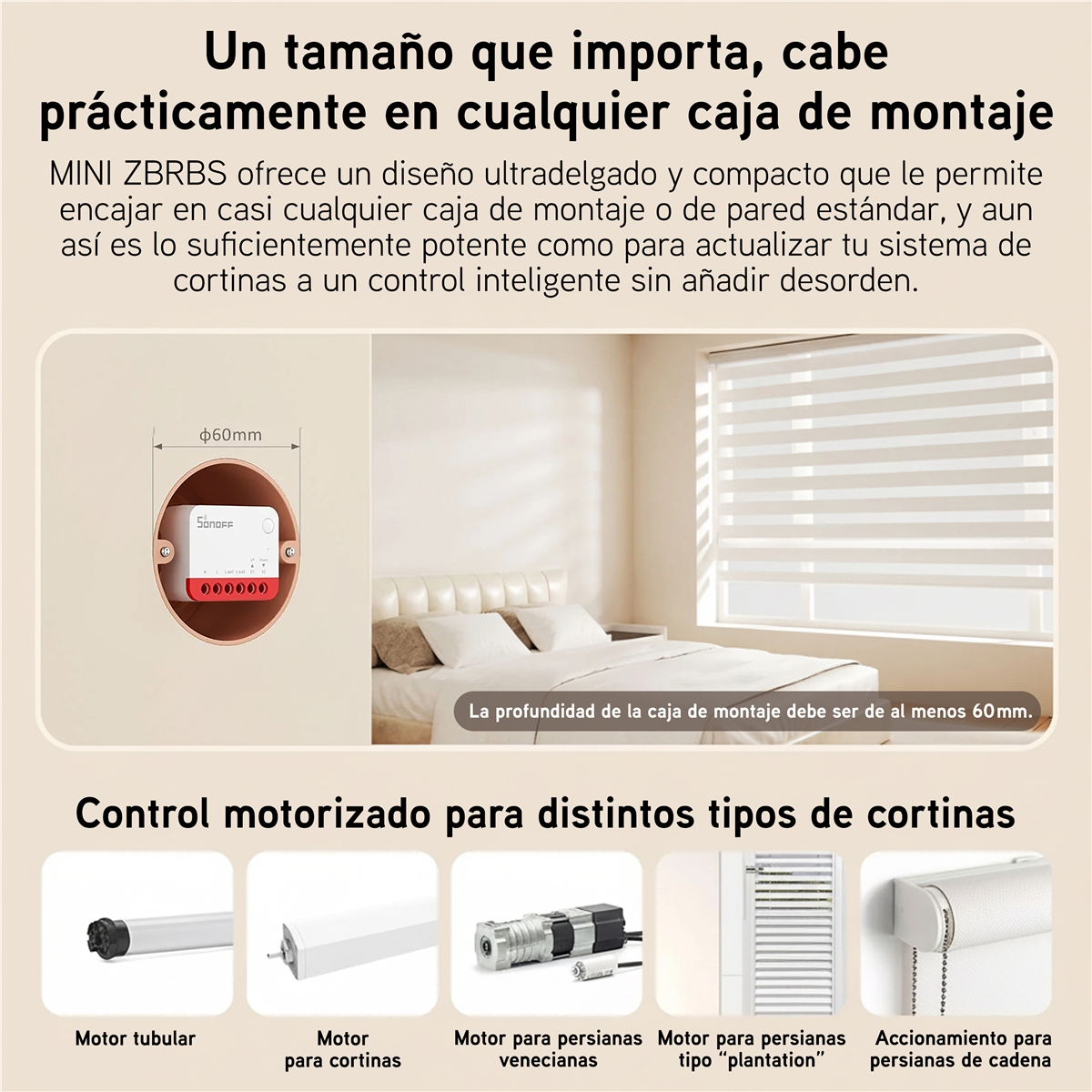 Interruptor inteligente Sonoff en caja de pared y varios tipos de motor para persianas.