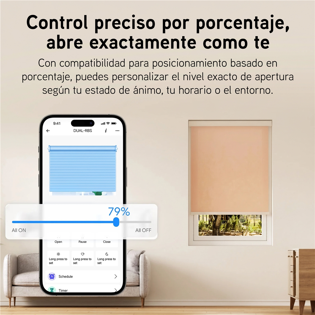 Smartphone muestra una app que controla persianas enrollables naranjas.