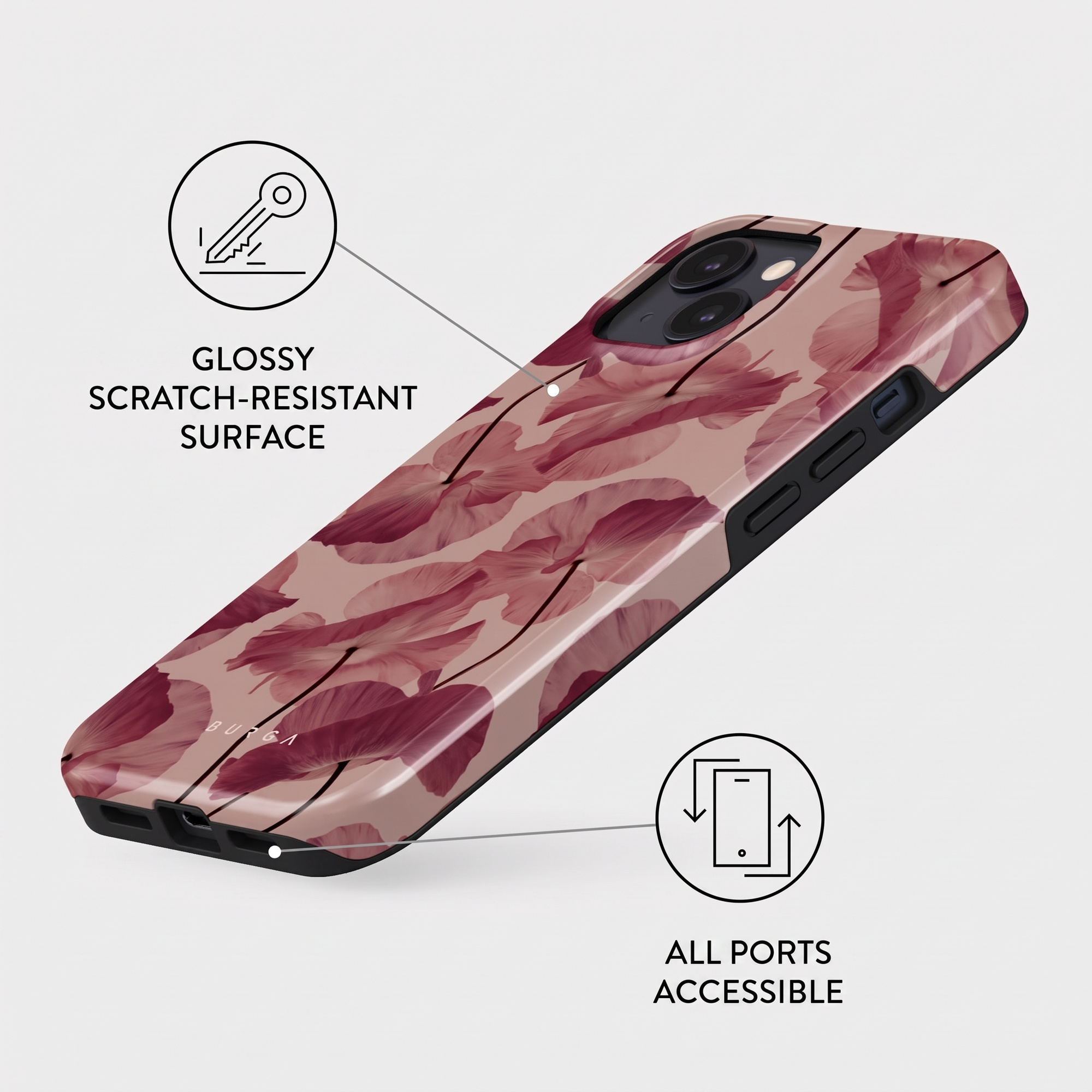 Glossy, scratch-resistant phone case with floral design and accessible ports.