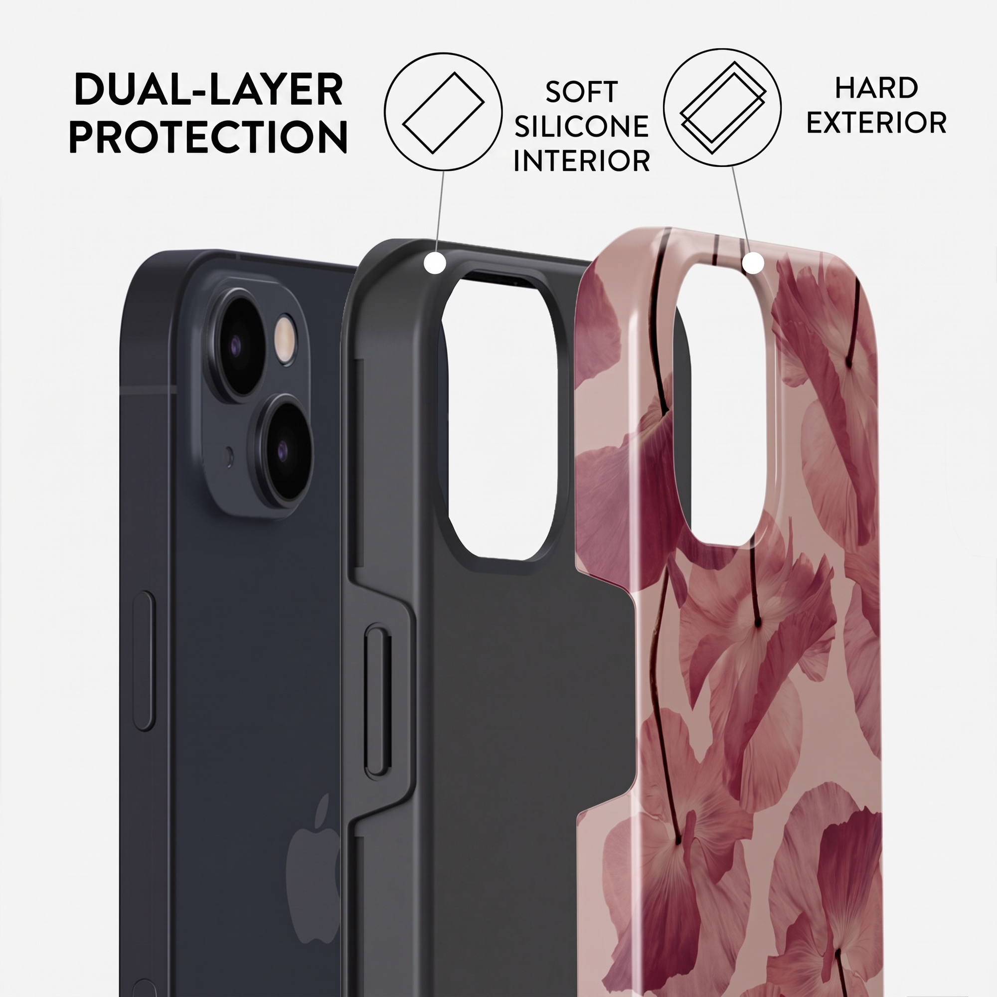 Diagram showing dual-layer protection with soft silicone interior and hard exterior.