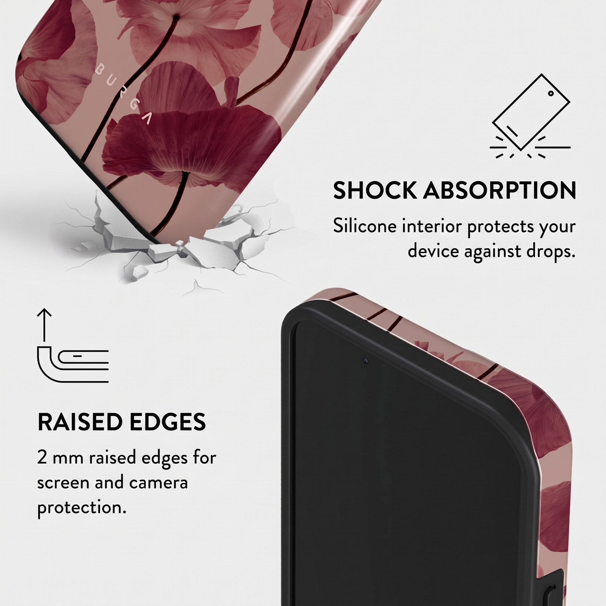 Floral phone case highlights shock absorption and raised edges.