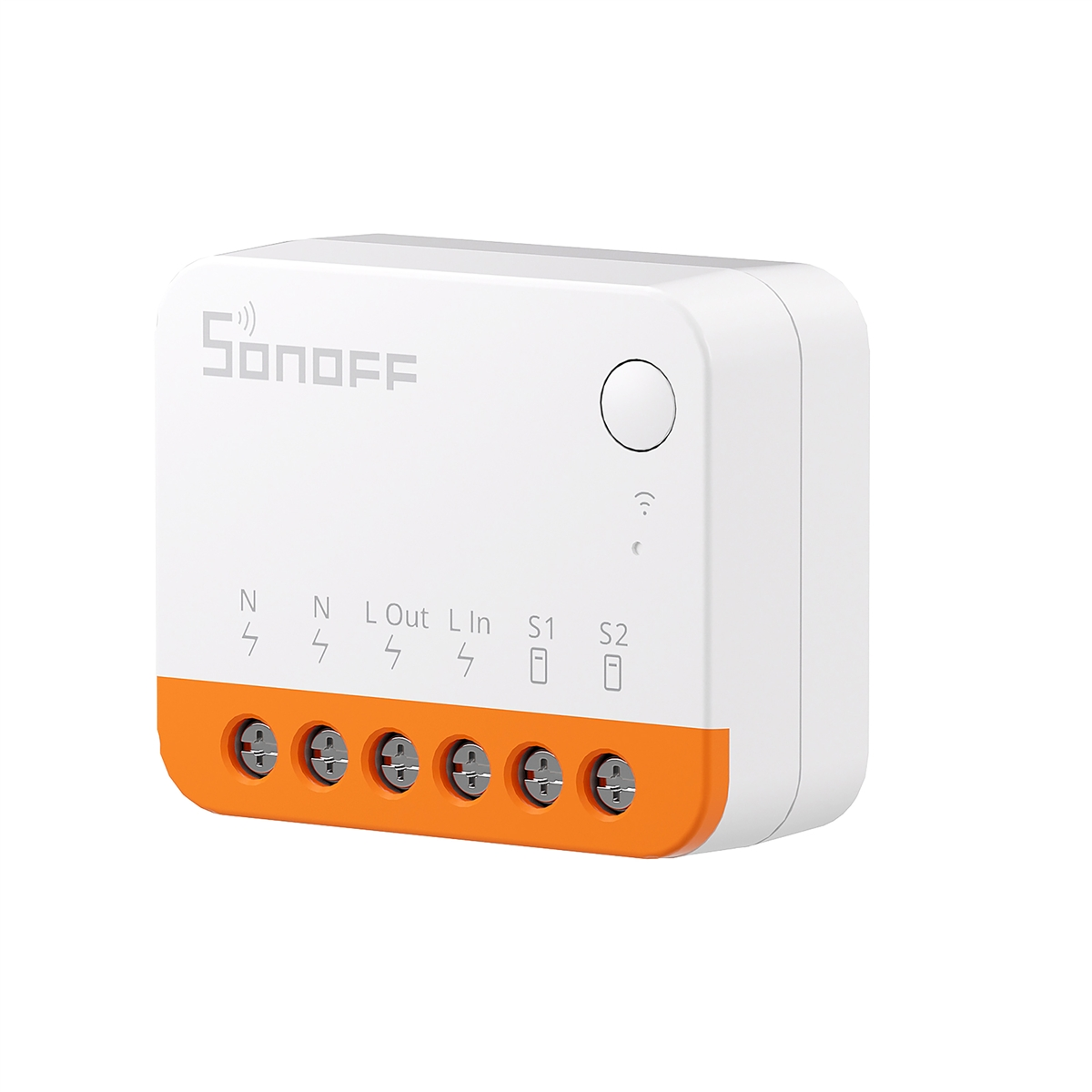 Interruptor inteligente Sonoff blanco y naranja con terminales de tornillo y botón redondo.