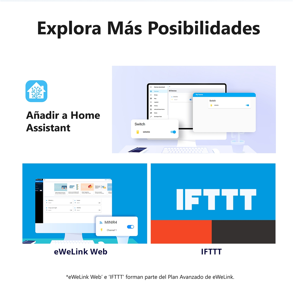 Banner promocional con opciones de integración para Home Assistant, eWeLink Web e IFTTT sobre fondo azul claro.