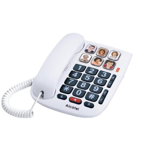 Un telefono fisso bianco Alcatel con tasti grandi, foto e una cornetta.