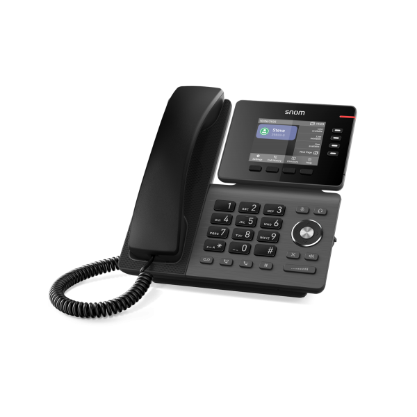 Un moderno telefono IP nero con schermo, tastiera e cornetta con cavo a spirale su sfondo bianco.