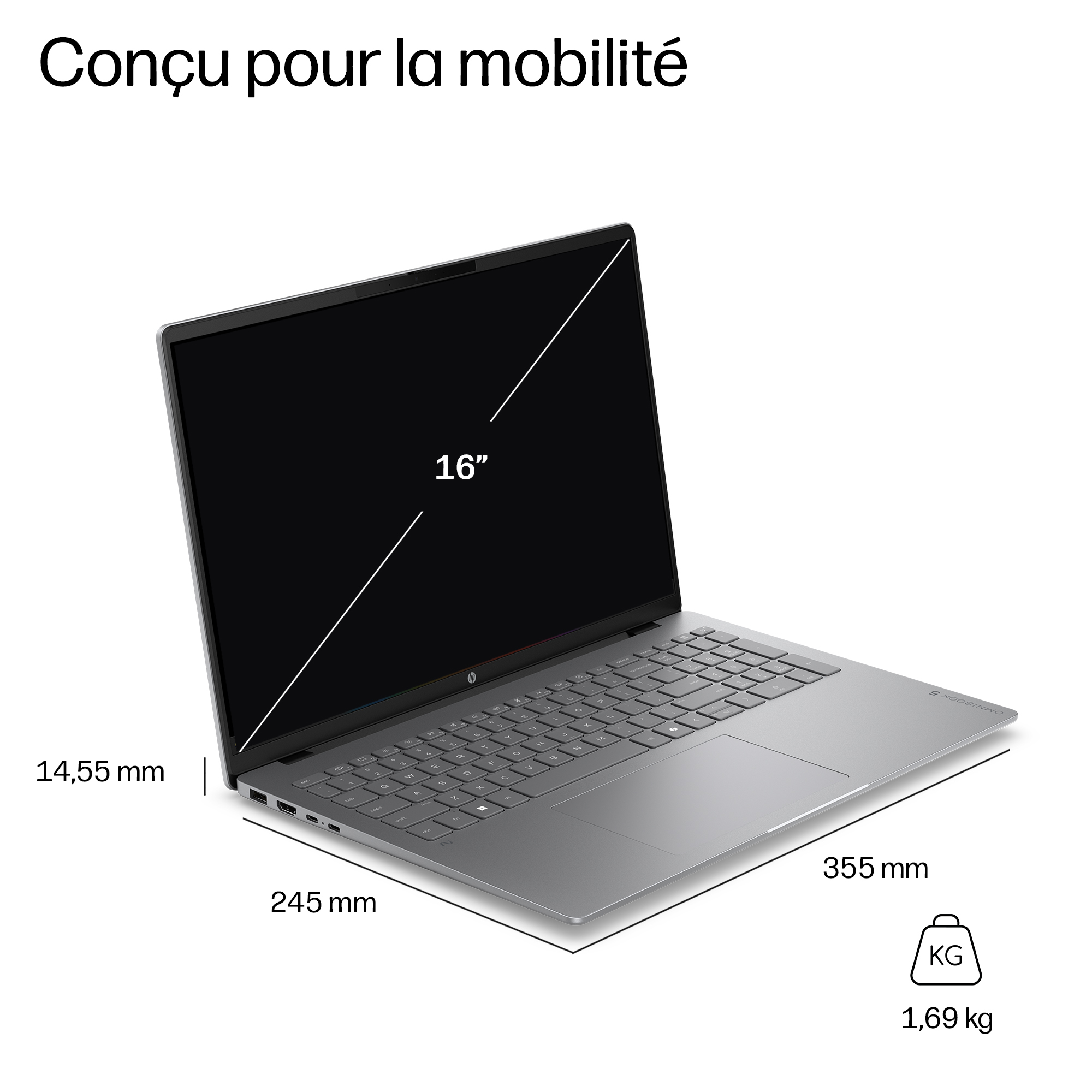 Ein silberner HP Laptop mit Maßen von 16 Zoll, 355x245x14,55 mm und einem Gewicht von 1,69 kg.