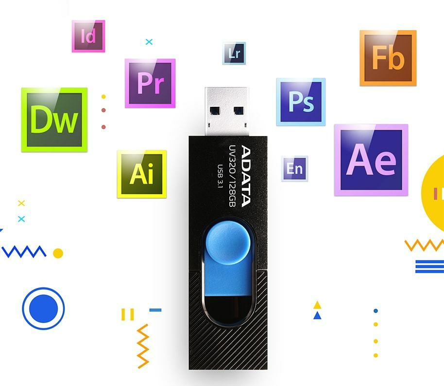 Ein schwarzer ADATA USB-Stick ist von bunten Software-Icons auf einem weißen Hintergrund umgeben.
