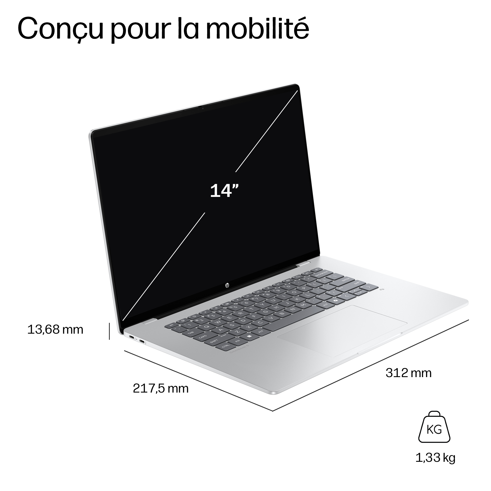 Ein silberner Laptop mit 14-Zoll-Bildschirm und Maßangaben wie 13,68 mm Dicke und 1,33 kg Gewicht auf weißem Hintergrund.