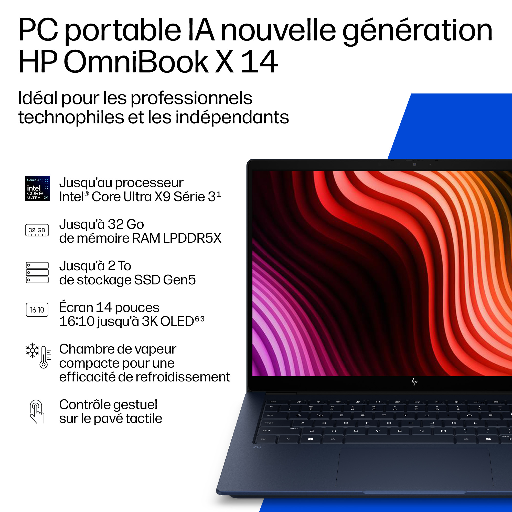 Werbebild für den Laptop HP OmniBook X 14 mit technischen Spezifikationen und rotem Bildschirmdesign.