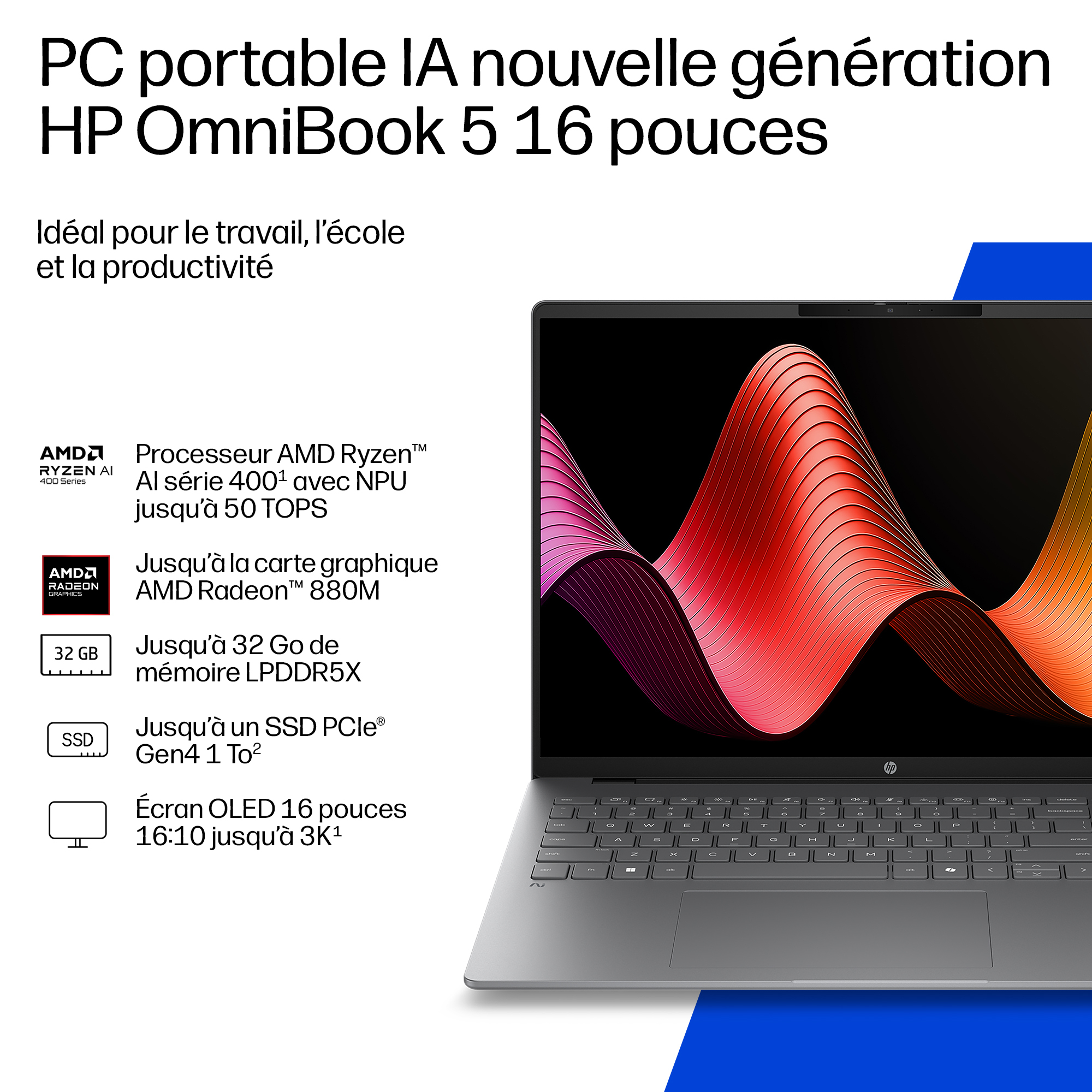 Eine HP OmniBook 16-Zoll-Laptop-Werbung mit AMD-Prozessor-Spezifikationen und französischem Text auf weißem Hintergrund.