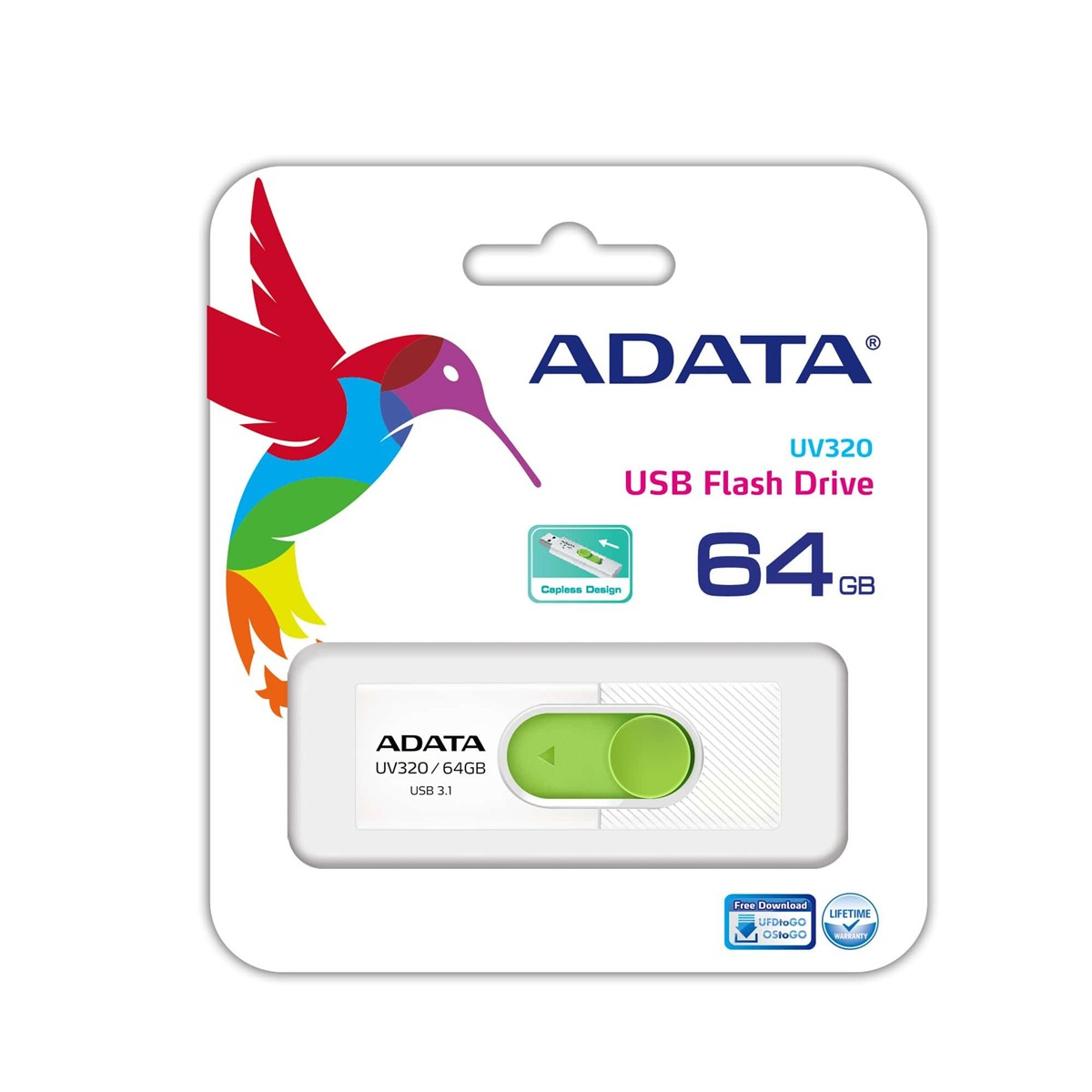 Opakowanie pamięci USB ADATA UV320 64 GB z kolorowym logo kolibra i białym pendrive'em.