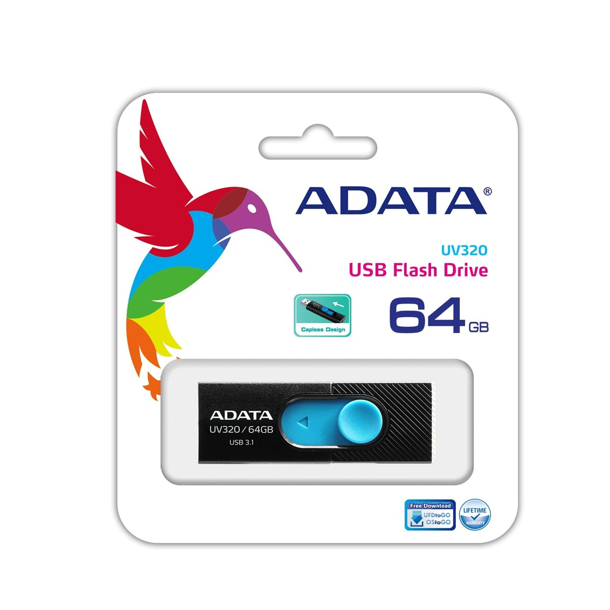 Verpackung für Adata UV320 64GB USB-Stick mit farbigem Kolibri-Logo auf weißem Hintergrund.