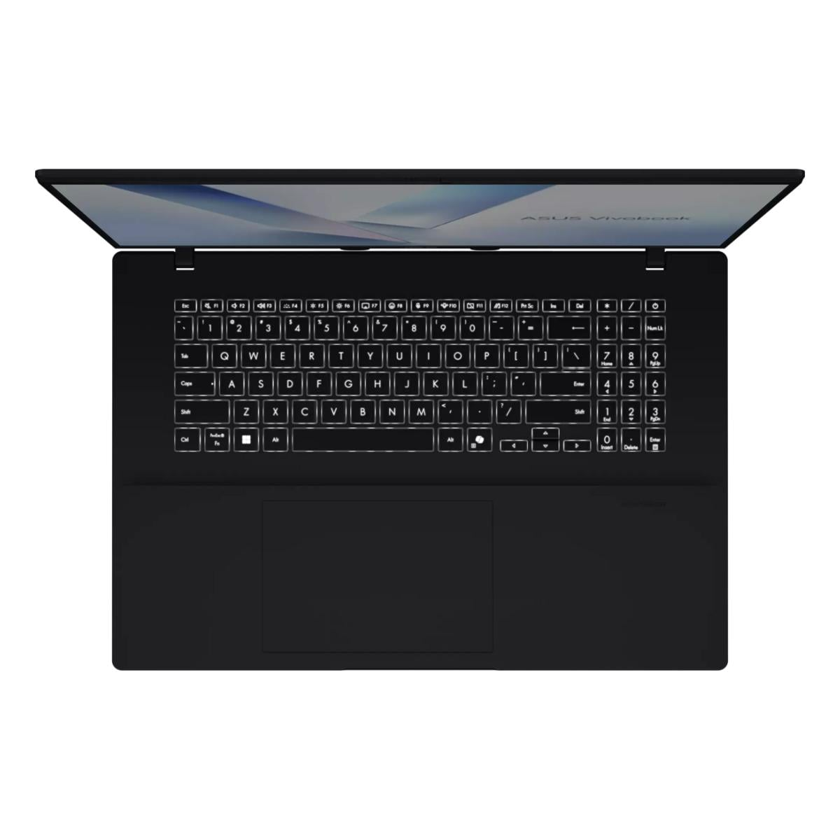 Ein schwarzer Laptop in Draufsicht mit beleuchteter Tastatur und einem großen Touchpad auf einer weißen Unterlage.
