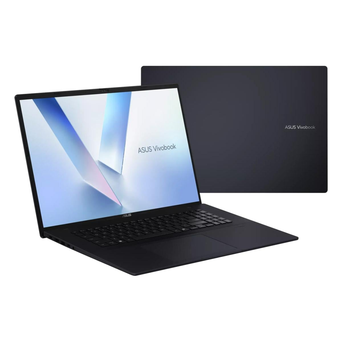Ein schwarzer ASUS Vivobook Laptop mit offenem Display zeigt einen blauen Hintergrund, die geschlossene Rückseite ist im Hintergrund.