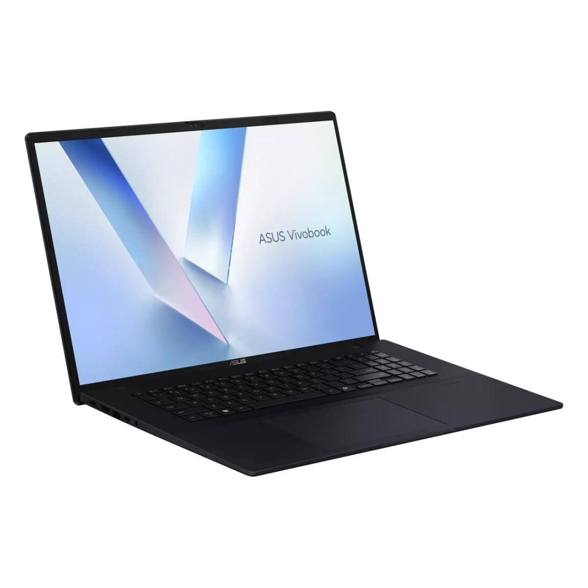 Ein schwarzer ASUS Vivobook Laptop steht offen auf weißem Hintergrund mit abstractem Bildschirm.