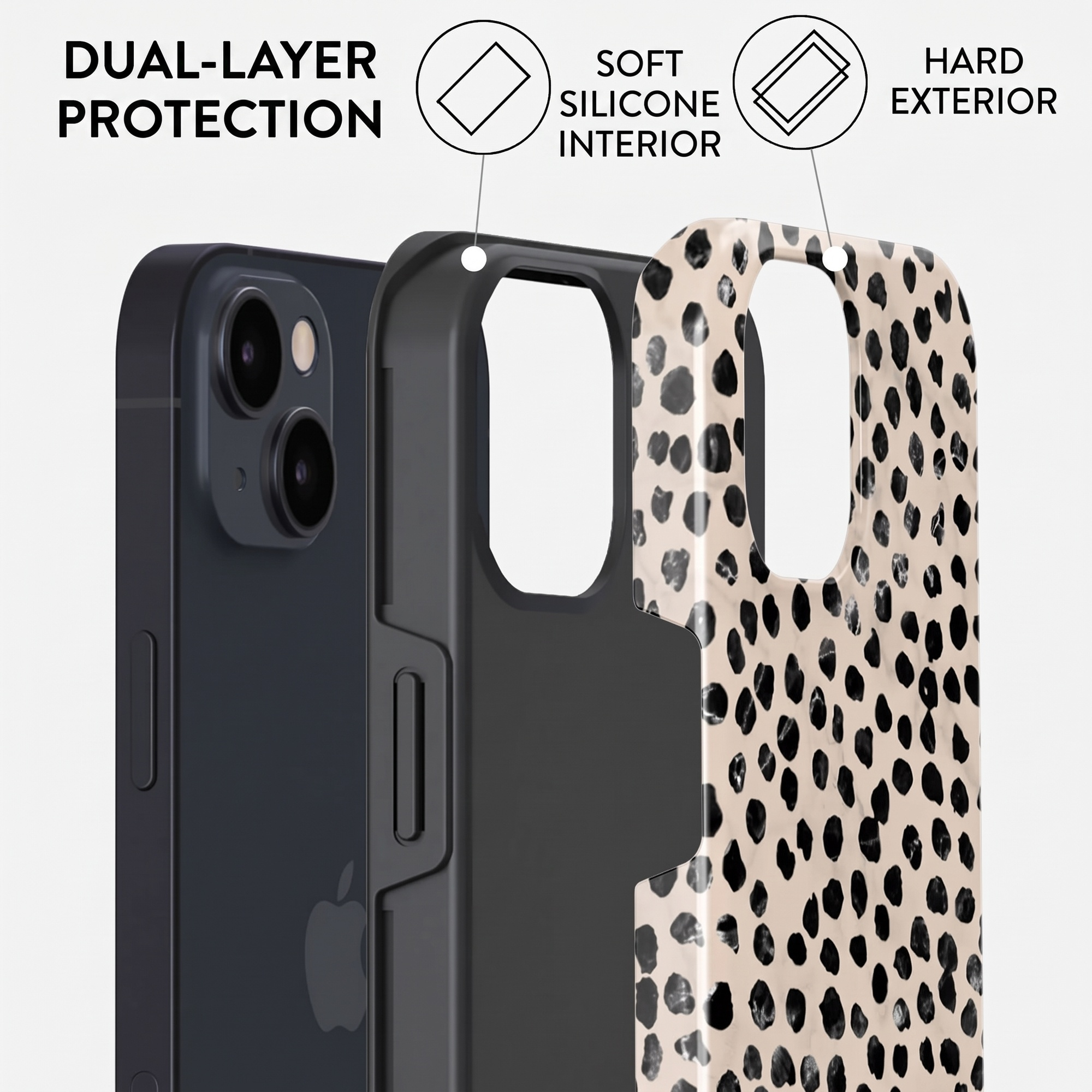 Diagram shows dual-layer protection with a soft silicone interior and a hard exterior leopard case.