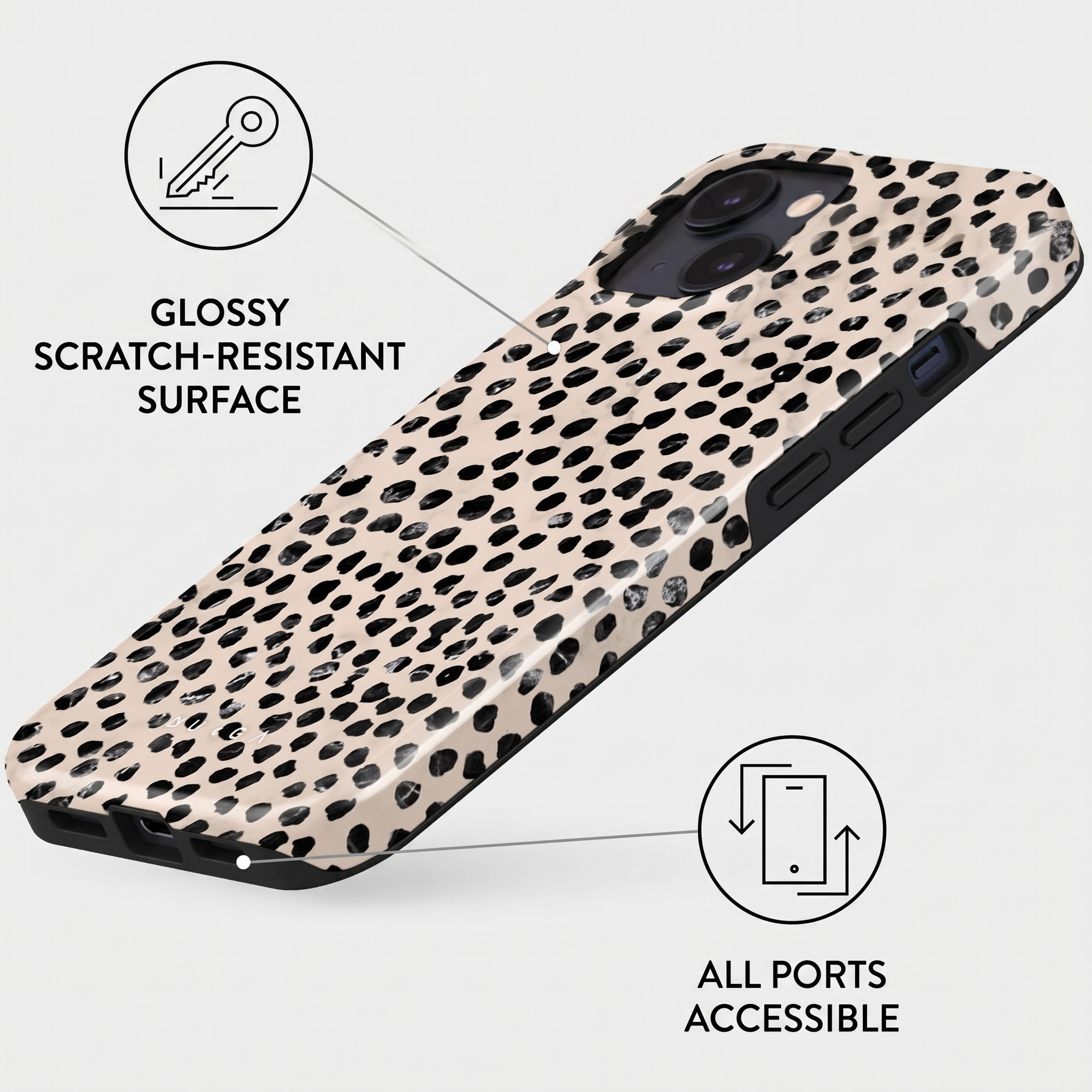 A beige smartphone case with a black leopard print, glossy surface, and visible cutouts for ports and camera.