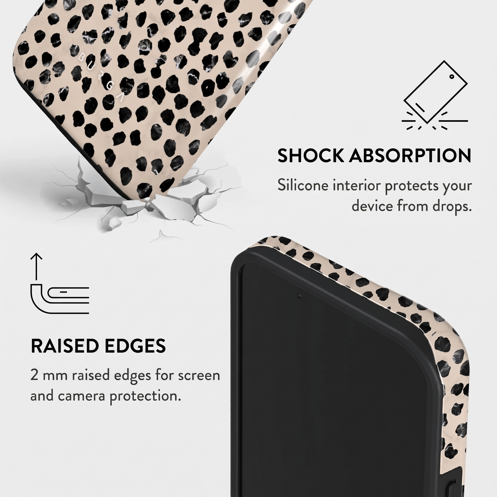 Product promotion for a phone case featuring shock absorption and raised edges.
