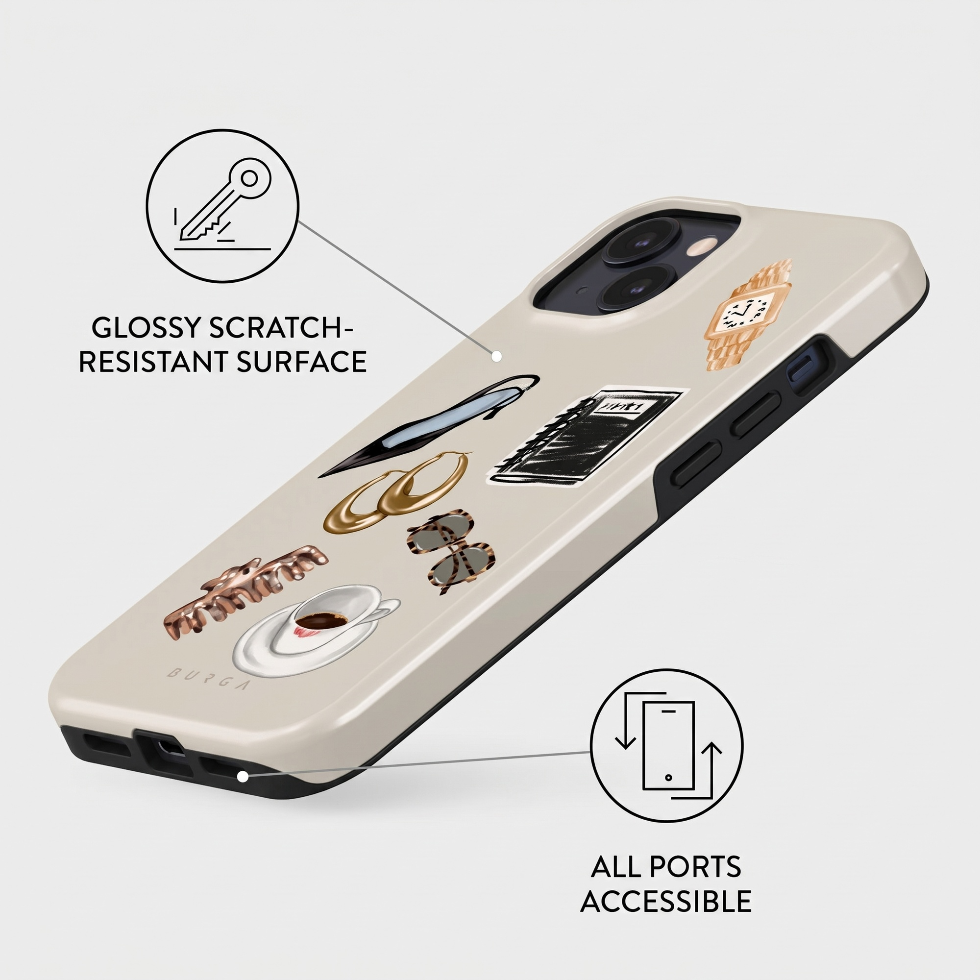 A beige phone case with fashion stickers, highlighting scratch resistance and accessible ports.