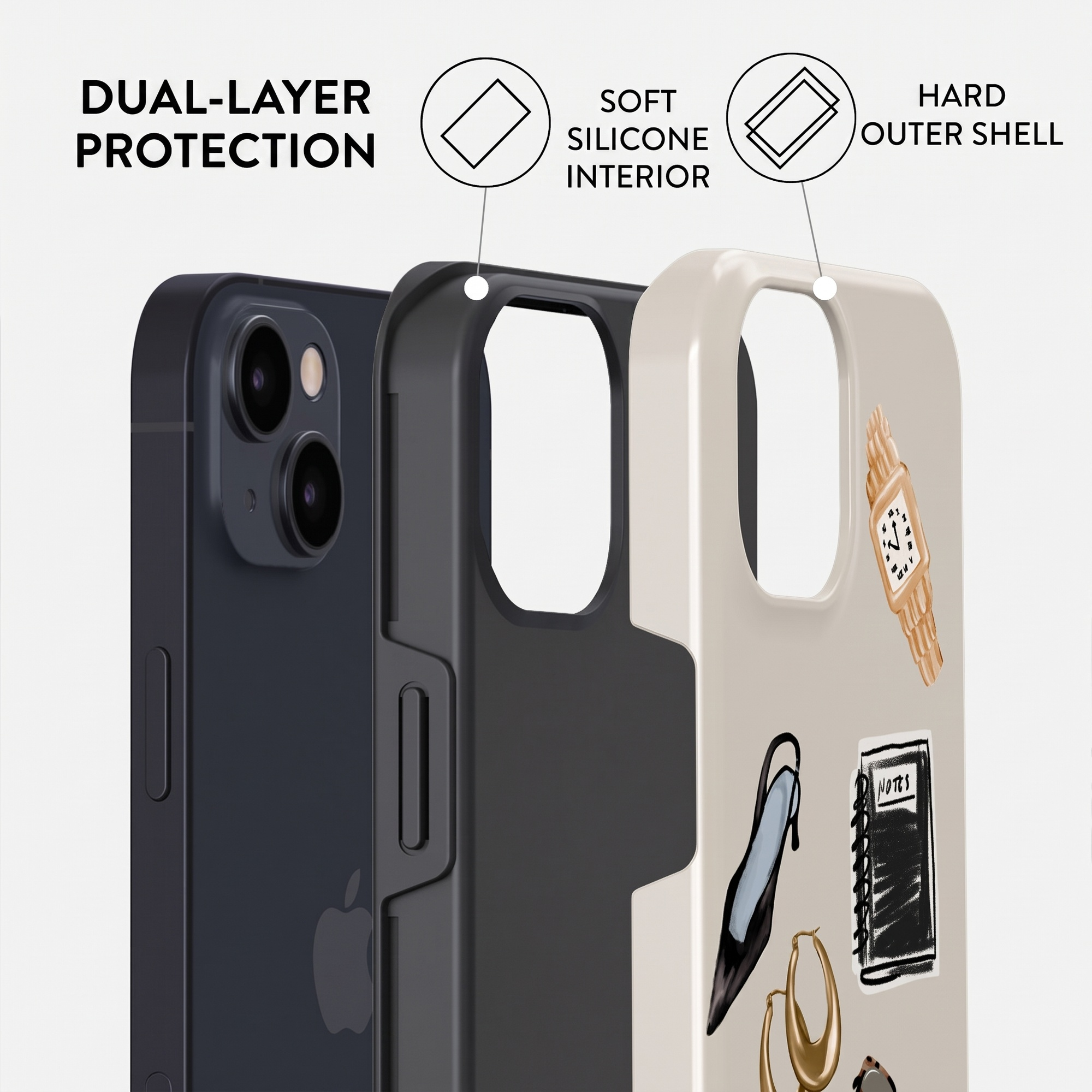 Diagram showing dual-layer protection with soft silicone interior and hard outer shell.