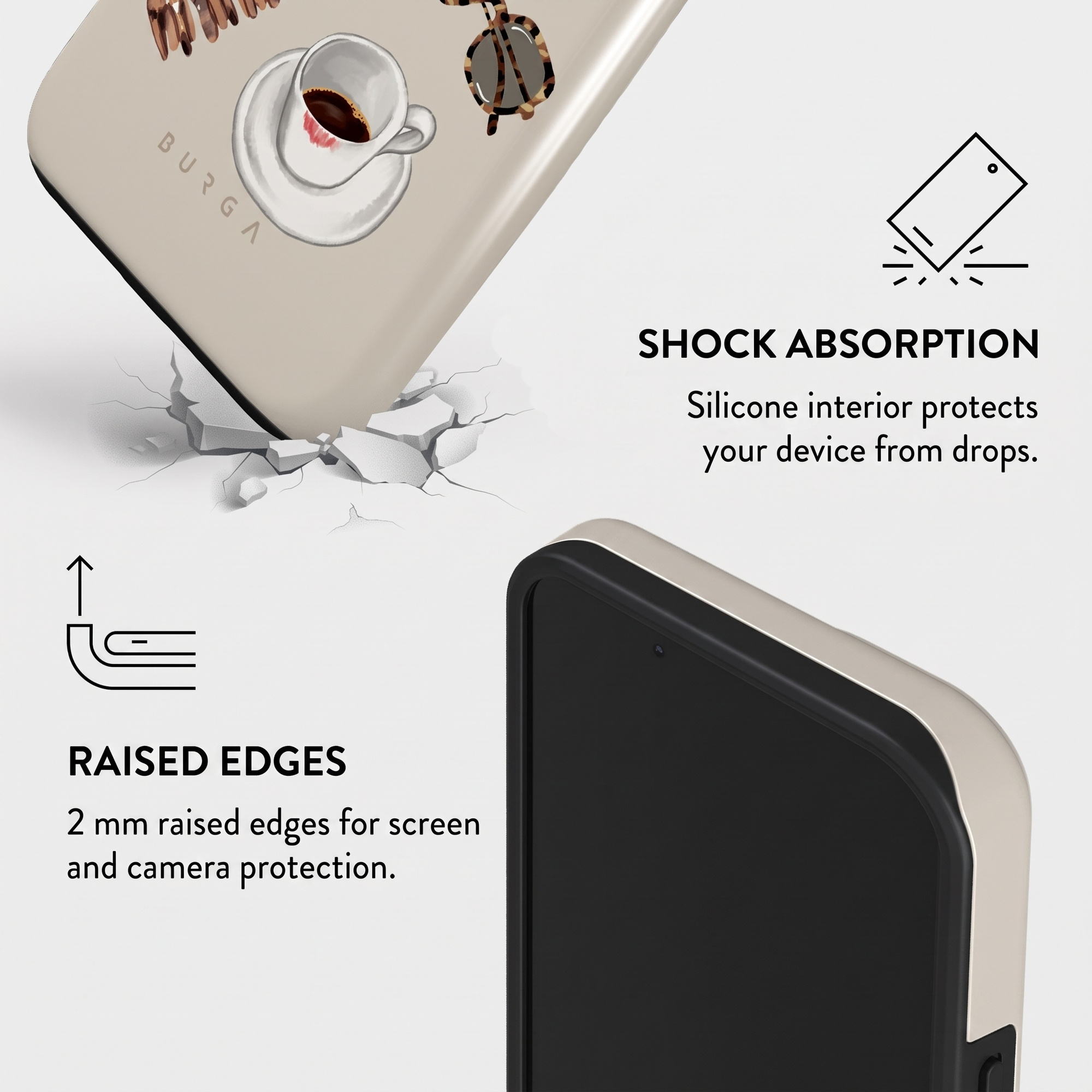 Phone case with coffee cup design, shock absorption, and raised edges for protection.