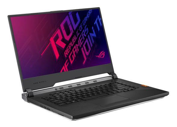 Ein schwarzer Gaming-Laptop mit ROG-Logo und farbenfrohem Bildschirm auf einem weißen Hintergrund.